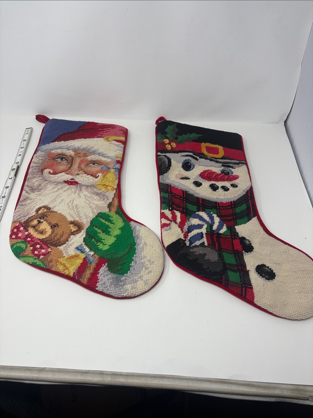 Holiday Santa and Snowman Tapestry Christmas Stockings - Red Trim (Set of 2)